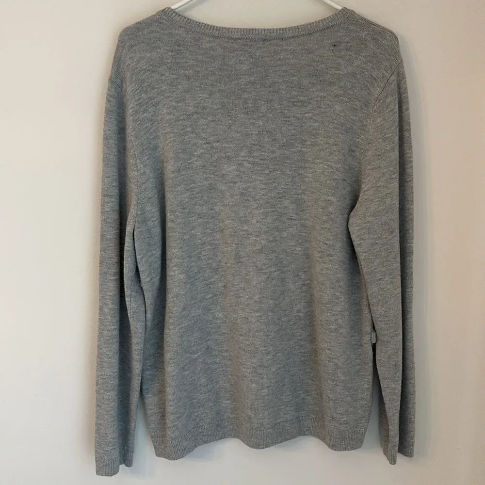 Talbots Women’s Fair Isle Lambs wool blend ruffle knit sweater gray black XL EUC